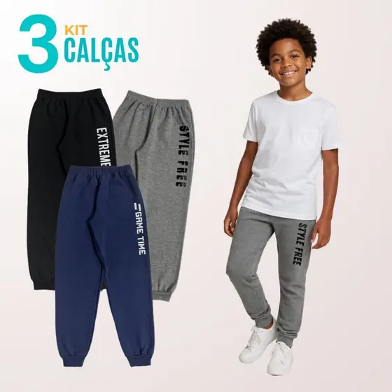 Kit 3 Calça Infantil Masculino Moletom com Estampa Lateral Roupa Infantil