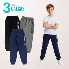 Kit 3 Calça Infantil Meninos Moletom com Estampa Lateral Roupa Infantil