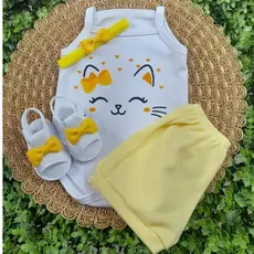 Conjunto Sandália Com Tiara Body E Short Bebe Menina Mesversário Estampado Verão 100% Suedine