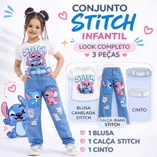 Conjuntos personagens Infantil Feminino 3 Peças Calça Jeans Blogueirinha + Blusa + Cinto