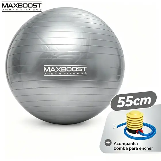 Kit Bola de Pilates Maxboost 55cm com Bomba de Ar Fitness Yoga Exercícios Equilíbrio e Fortalecimento Core