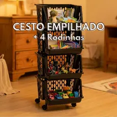 Organizador Multiuso Cestos de Plástico c/ Rodinhas Kit 1, 2, 3, 4, 5 ou 6 andares EmpilháveI Preto Frutas Brinquedos