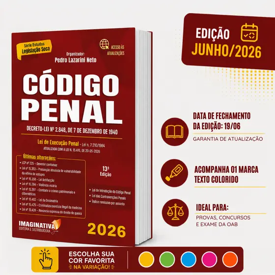 Código Penal 2026 13ª Edição Junho/26 + marca texto | Kit de estudos