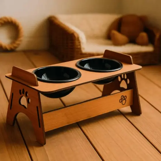 Comedouro Bebedouro em Mdf Elevado Duplo Pet Gato Cachorro Com Tigelas - Pets de Pequeno Porte