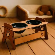 Comedouro Bebedouro em Mdf Elevado Duplo Pet Gato Cachorro Com Tigelas - Pets de Pequeno Porte