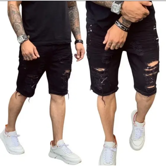 Bermuda Jeans Masculina Rasgada Preta C/Lycra Estilo e Conforto