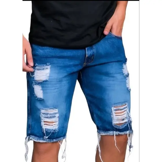 Bermuda Jeans Shorts Masculina Rasgada Tradicional Desfiada Slim Tendência Casual 36 ao 48