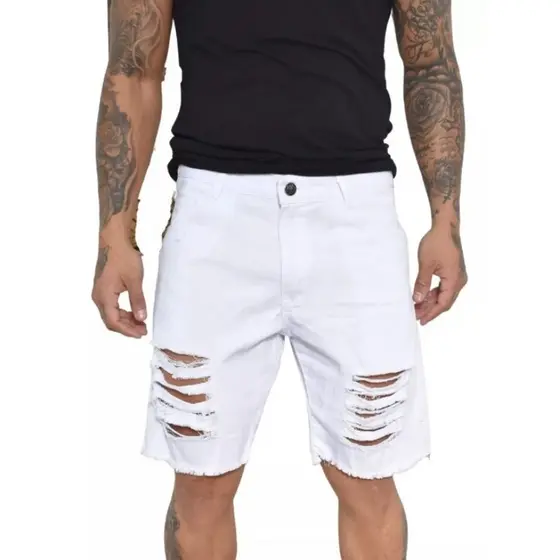 Bermuda Jeans Masculina Branca Rasgada C/Lycra Estilo e Conforto Moda Casual