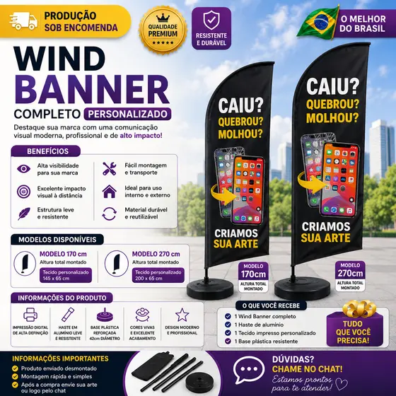 Wind Banner Personalizado Completo Com Bandeira Dupla Face + Haste Em Alumínio + Base Reforçada