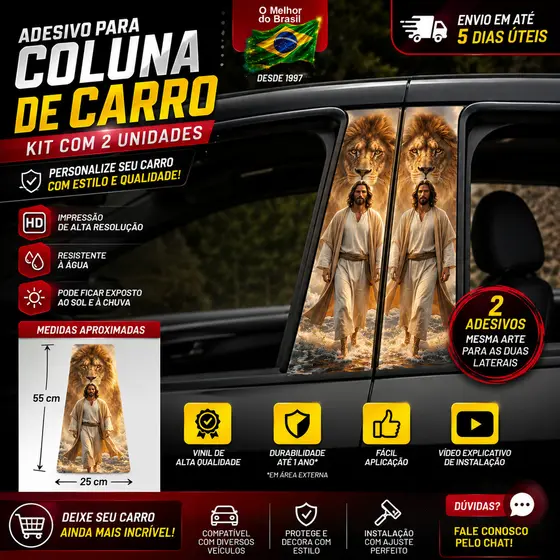 Adesivo de Coluna de Porta Carro Gladiador, Guerreiro, Leão e Jesus.