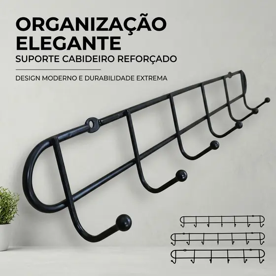 Suporte Cabideiro de Parede. Materia Reforcado ,Preto.