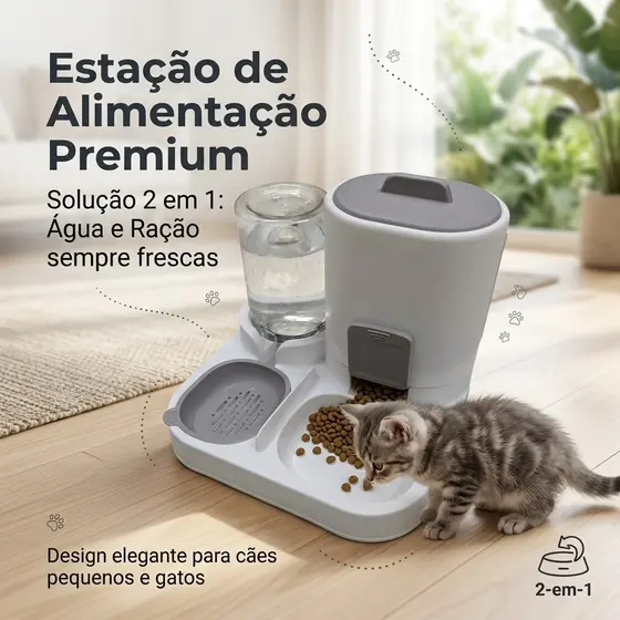 Bebedouro e Comedouro Automático 2 em 1 para Cães e Gatos | Controle de quantidade  Filtro 3 Etapas