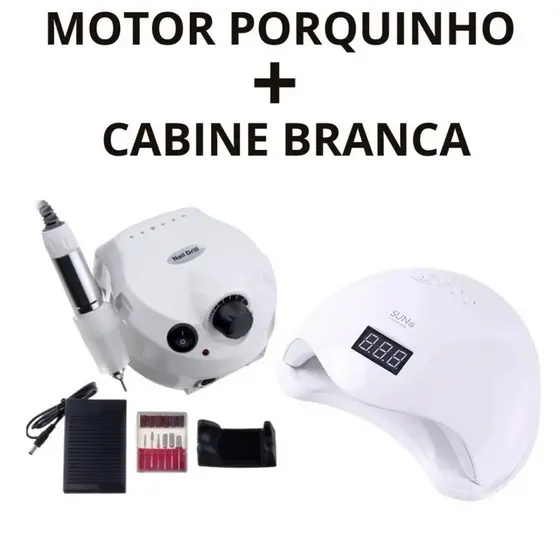 Kit Unhas Profissional Manicure com Cabine Sun 5  + Lixadeira Porquinho 50 Mil / 45 Mil RPM