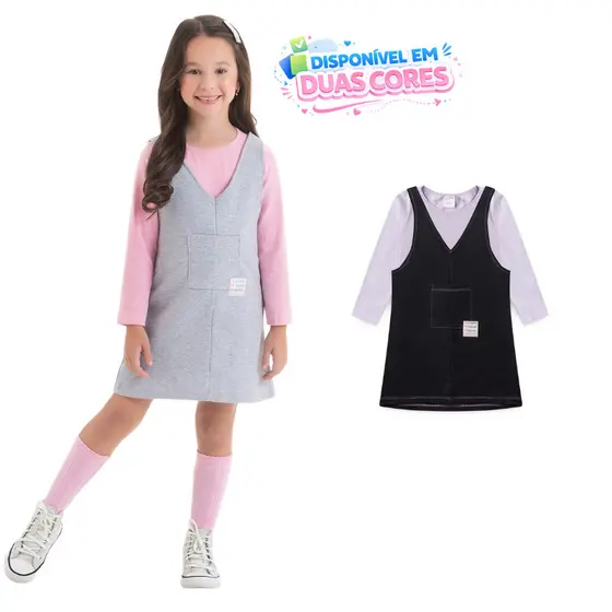 Conjunto Infantil Feminino Inverno 4 a 10 Anos Salopete Moletom Peluciado com Aplique Blusa Cotton Manga Longa