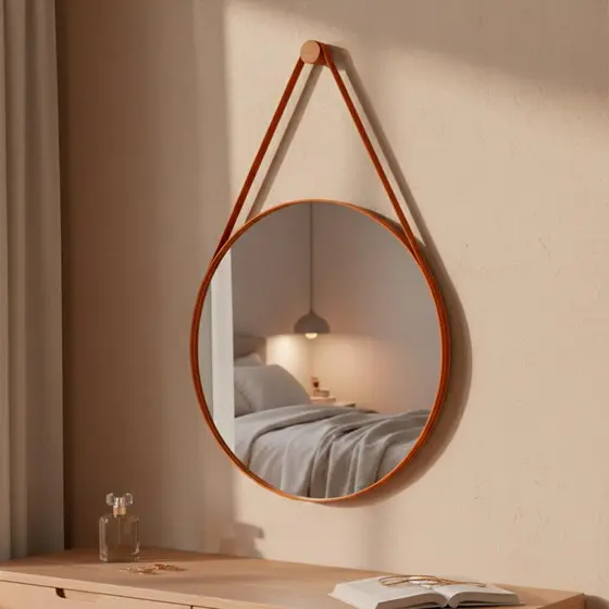Espelho Decorativo Grande Redondo Adnet com Alça em Couro 60cm com Suporte de Parede para Banheiro