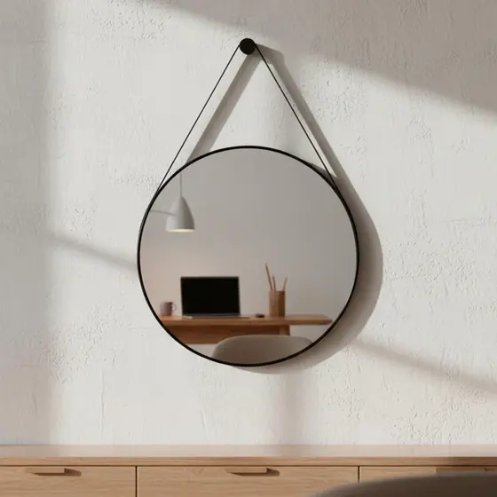 Espelho Redondo Para Banheiro Alça Couro Espelho Decorativo 60cm Suporte Sala Hall Espelho Adnet