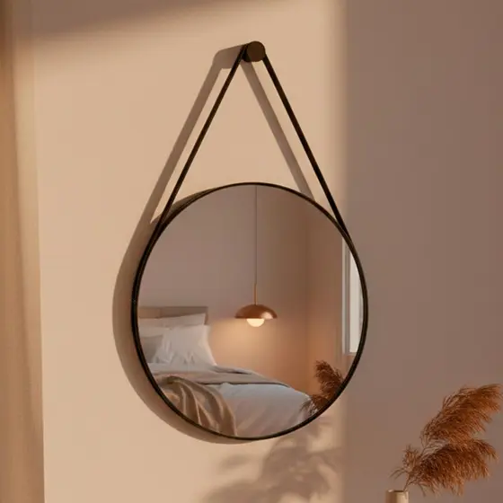 Espelho Adnet Para Lavabo Alça Em Couro 60cm + Suporte Espelho para Banheiro Sala Quarto