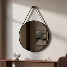 Espelho Redondo De Parede com Alça Espelho Em Couro 60cm Espelho para Banheiro Sala Quarto de Parede