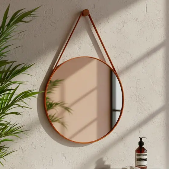 Espelho Decorativo Redondo 30cm Adnet Suspenso C/ Alça Couro para Sala Quarto Banheiro Pequeno