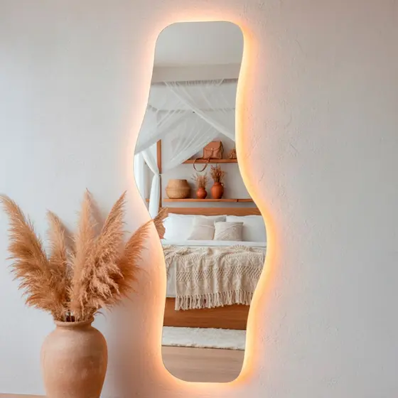 Espelho com Led Decorativo Orgânico 170x70 Suporte de Parede Waves Sala Quarto Banheiro Escritório