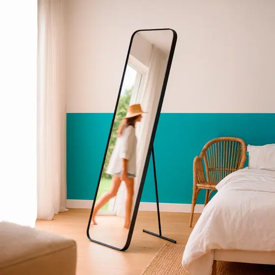 Espelho Orgânico Retangular 36x146cm com Suporte de chão Decorativo Sala Banheiro Quarto em Couro