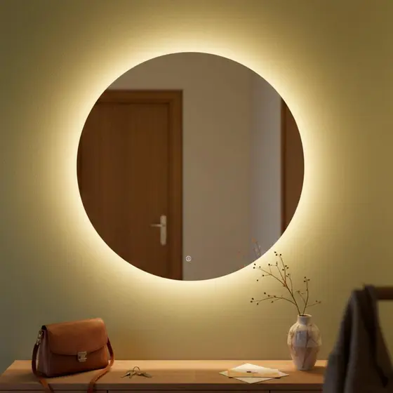 Espelho Decorativo Redondo para Escritório Sala Quarto Banheiro com Led 40cm + Suporte