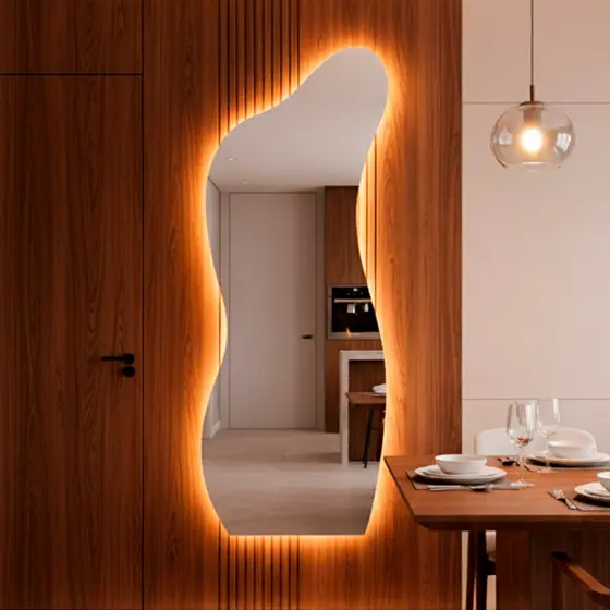 Espelho Decorativo Orgânico Led 170x70 Suporte de Parede Curves Para Sala Quarto Banheiro Escritório