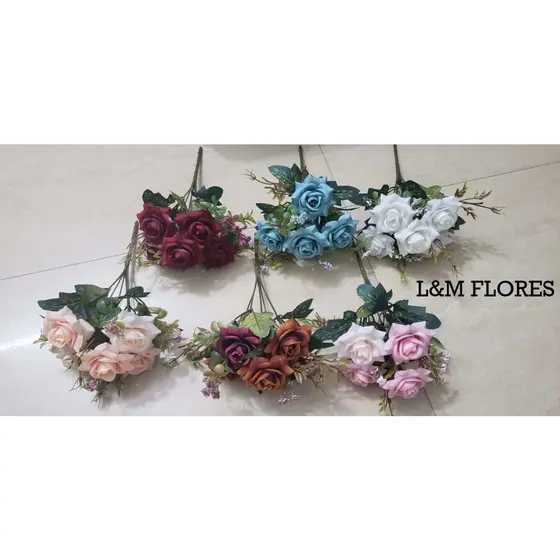 Buquê de Rosa artificial com 5 flores ideal para arranjos e decoração de casamento, casa, festas e eventos