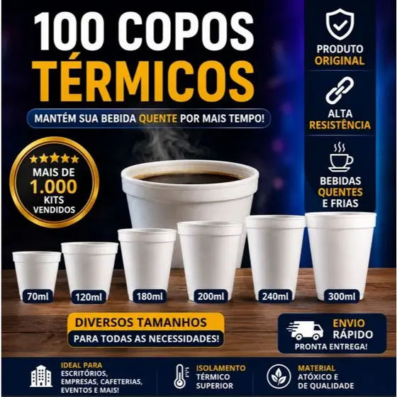 100 Copos de Isopor Térmico Descartável para Café - 70ml 120ml 180ml 200ml 240ml 300ml | Ultra Copos