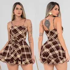 Macaquinho vestido soltinho zíper atrás alça ajustável laço removível Moda Festa Junina Xadrez