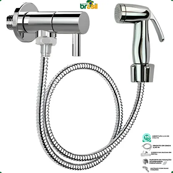 Ducha Higienica Premium Metal Cromado 1/4 De Volta Inox Completa Suporte Parafusos