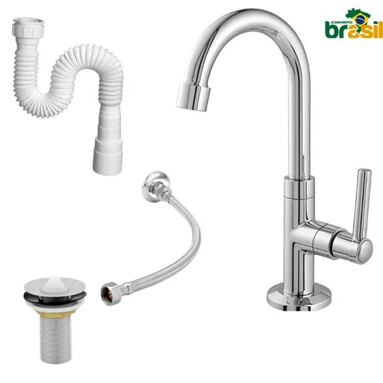 Kit Torneira pia Lavatório Banheiro ABS Bica Alta + Sifão + Engate Inox 40cm + Válvula 7/8 – 1198