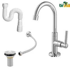 Kit Torneira pia Lavatório Banheiro ABS Bica Alta + Sifão + Engate Inox 40cm + Válvula 7/8 – 1198