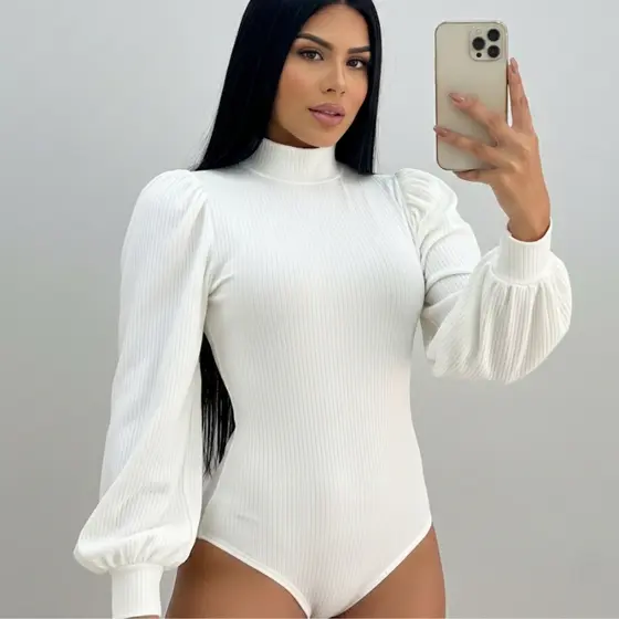 Body Blusa Feminino Manga Longa Princesa Bufante Gola Alta Cacharrel Canelado Fecho Outono Inverno