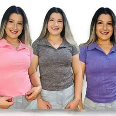 Blusa Polo Baby Look Modinha Tend锚ncia Blogueira