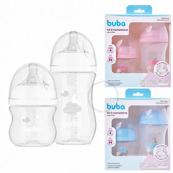 Kit 2 Mamadeiras Buba Anticólica 120/270ML Bico Pétala Silicone Macio Easy Flow Antivazamento