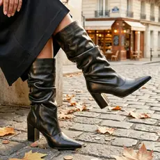 Bota Feminina Cano Longo Slouchy Bico Fino Salto Bloco Confortável Elegante Moda 2026