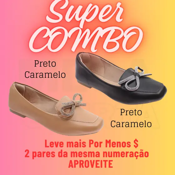 Kit 2 Pares Mocassim Feminino com Laço Strass Confortável Sapatilha Elegante Macia Trabalho 34 ao 40