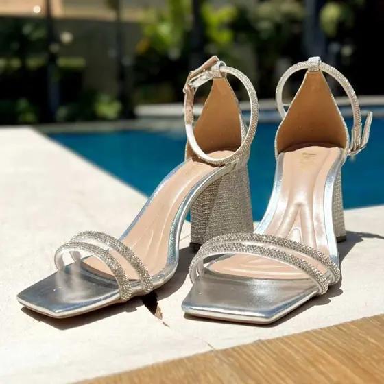 Sandália Feminina Salto Bloco 8cm Strass Brilho Tiras Mi Shoes 3760 Festa Elegante Confortável Numeração Especia