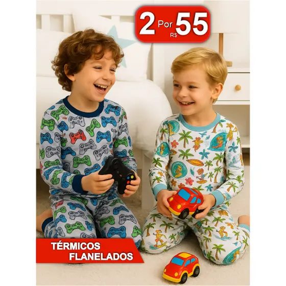 Kit C/ 2 Conjuntos de Pijama Térmico Flanelado Para Menino  2 Blusas + 2 Calças Peluciadas de Inverno - Meia Estação