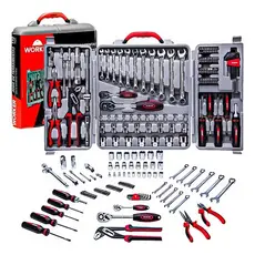 Kit Jogo De Ferramentas Maleta Com 110 Peças Soquete Chave Completo Worker Cinza Aço Cromo Vanádio