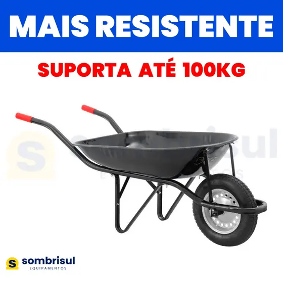 Carrinho de Mão com Pneu e Câmara Caçamba Redonda NOVE54 100kg Resistente Construção Preto
