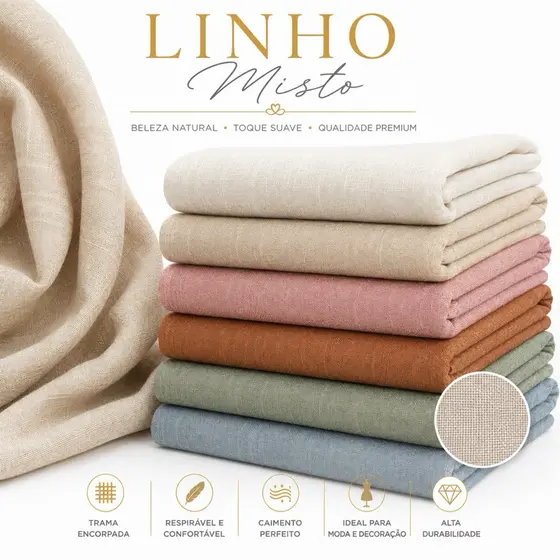 Tecido Linho Misto premium por metro. Perfeito para costura de roupas e decoração. Sofisticação e caimento impecável