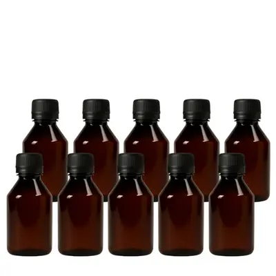 Frasco em PET âmbar com tampa preta com lacre - 100 ml (kit ou unidade) 10Uni