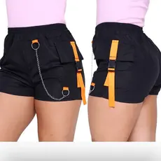 Shorts cargo Tactel com listras coloridas, bolsos e corrente para mulheres