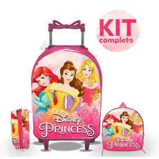 mochila infantil com rodinha princesas kit lancheira e estojo
