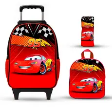 Mochila Escolar Carros Com Rodinhas Lancheira - Estojo -Masculina - Menino