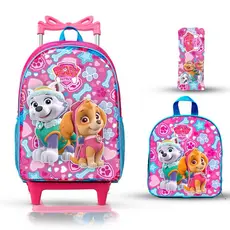 mochila escolar infantil lancheira e estojo skaie patrulha canina menina com rodinhas