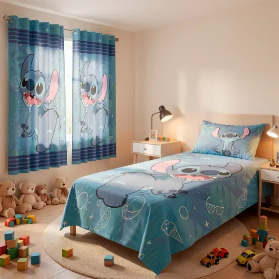 Jogo de Lençol e Fronha Infantil L. Stitch Tema Quarto Infantil
