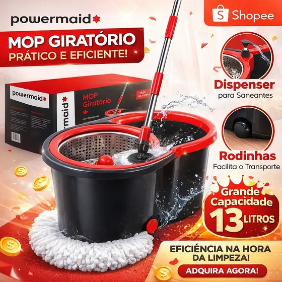 Mop Giratório 360° com Balde 13L com Rodas e Alça – Esfregão Inox Microfibra + 1 Refil